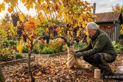 Herbstpflege für Tafeltrauben mit Rückschnitt, Laubentfernung und Winterschutz
