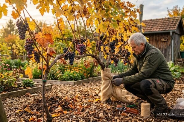 Herbstpflege für Tafeltrauben mit Rückschnitt, Laubentfernung und Winterschutz