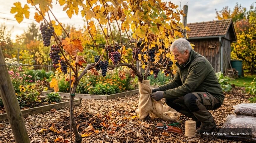 Herbstpflege für Tafeltrauben mit Rückschnitt, Laubentfernung und Winterschutz