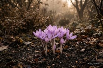Lilafarbene Herbstzeitlose blüht im Herbst ohne Blätter aus kahler Gartenerde.