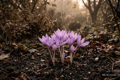 Lilafarbene Herbstzeitlose blüht im Herbst ohne Blätter aus kahler Gartenerde.