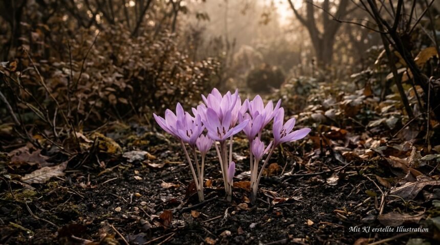 Lilafarbene Herbstzeitlose blüht im Herbst ohne Blätter aus kahler Gartenerde.