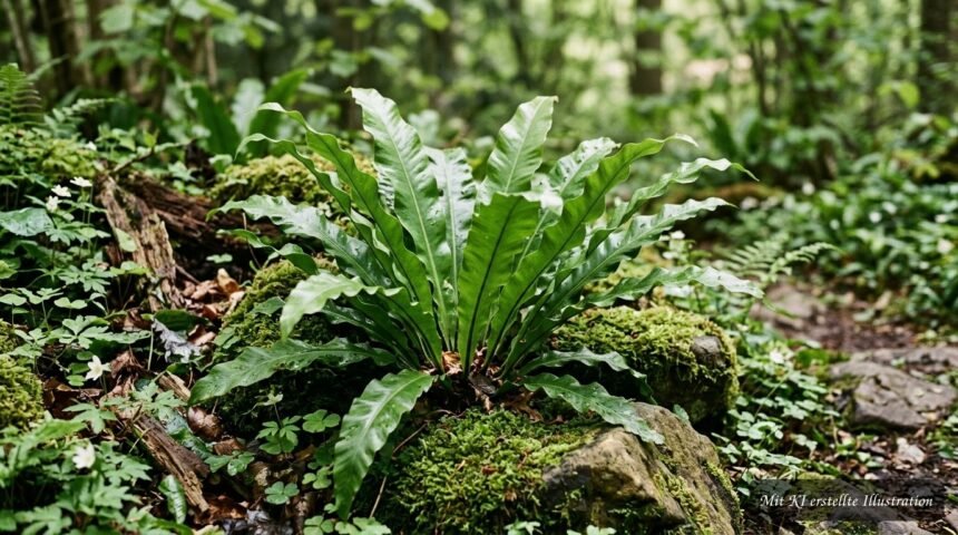 Hirschzungenfarn mit glänzenden, ungeteilten Wedeln im schattigen Gartenbereich