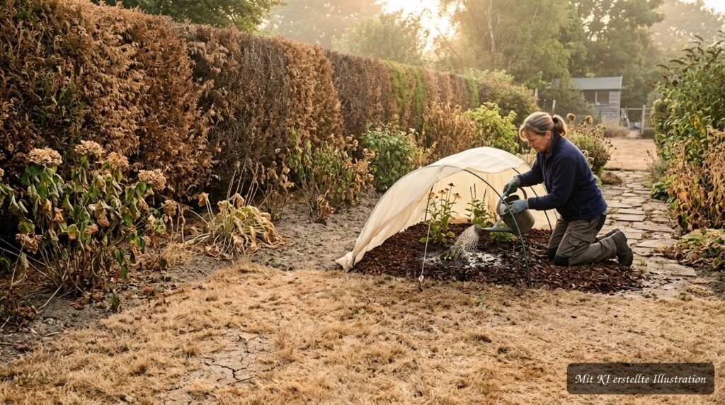 Was hat der heiße Sommer im Garten angerichtet? Rasen vertrocknet, Thuja braun und viele Pflanzen unter Hitzestress Vertrockneter Rasen, braune Thuja und gestresste Pflanzen nach einem heißen Sommer im Garten