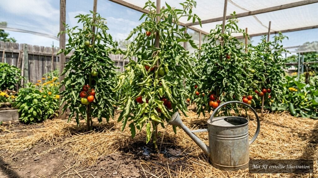 Gelbe und eingerollte Tomatenblätter – Nährstoffmangel, Hitze oder Krankheit? Eingerollte, gelbe Tomatenblätter an einer Pflanze bei sommerlicher Hitze