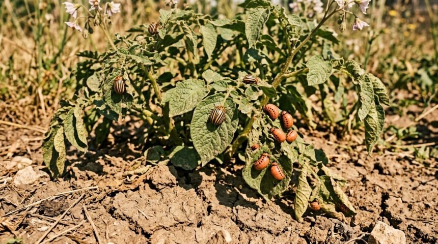 Kartoffelkäfer und Larven auf Kartoffelblättern während eines trockenen, heißen Sommers