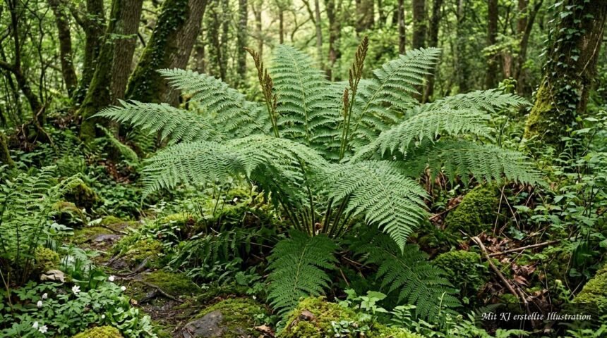 Königsfarn mit hohen Wedeln an einem schattigen, feuchten Gartenstandort