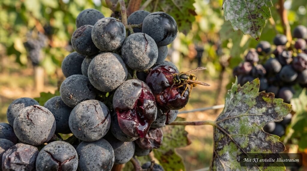Trauben platzen im Spätsommer – diese Ursachen stecken häufig dahinter Aufgeplatzte Weintrauben an einer Rebe, beschädigt durch Krankheiten und Wespen im Spätsommer
