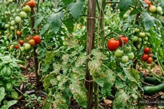 Tomatenpflanzen mit ersten braunen Krautfäuleflecken auf Blättern und Früchten