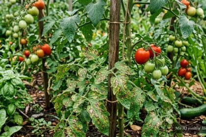 Tomatenpflanzen mit ersten braunen Krautfäuleflecken auf Blättern und Früchten