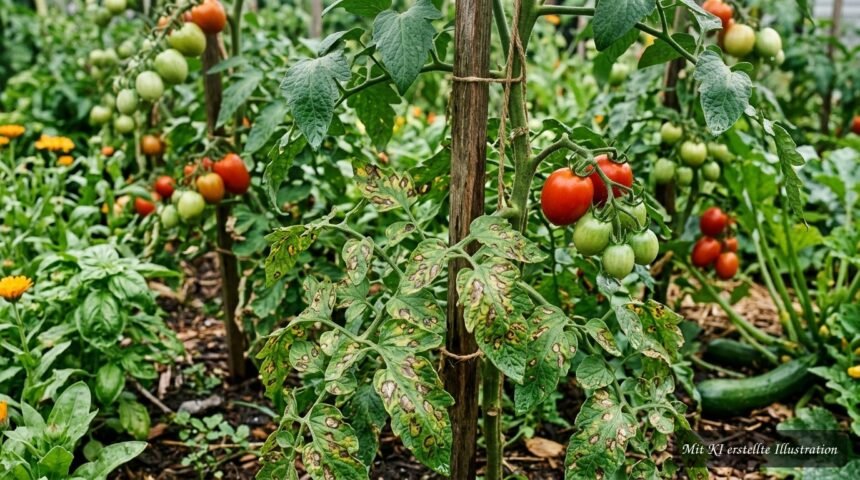 Tomatenpflanzen mit ersten braunen Krautfäuleflecken auf Blättern und Früchten