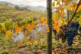 Mehltau an Weinreben im Herbst mit weißen Belägen auf Blättern und Trauben