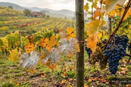 Mehltau an Weinreben im Herbst mit weißen Belägen auf Blättern und Trauben