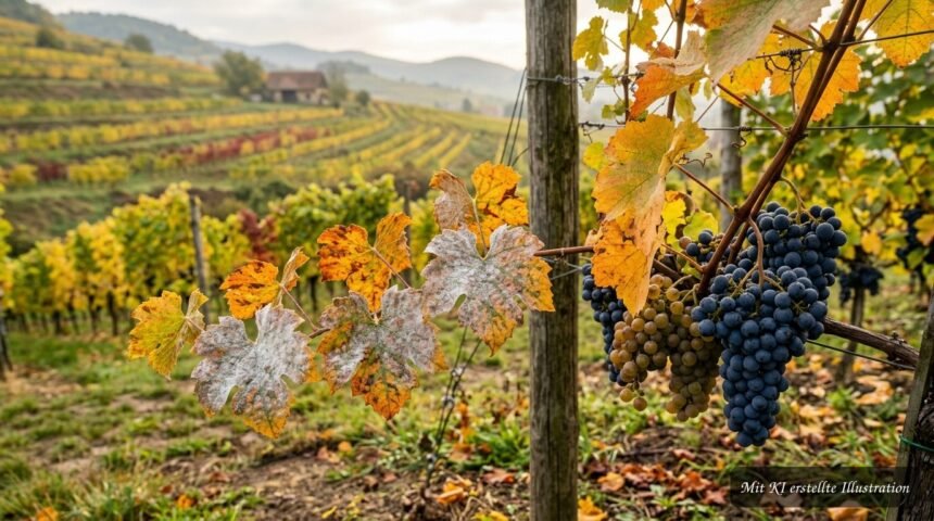 Mehltau an Weinreben im Herbst – Symptome erkennen und richtig reagieren Mehltau an Weinreben im Herbst mit weißen Belägen auf Blättern und Trauben