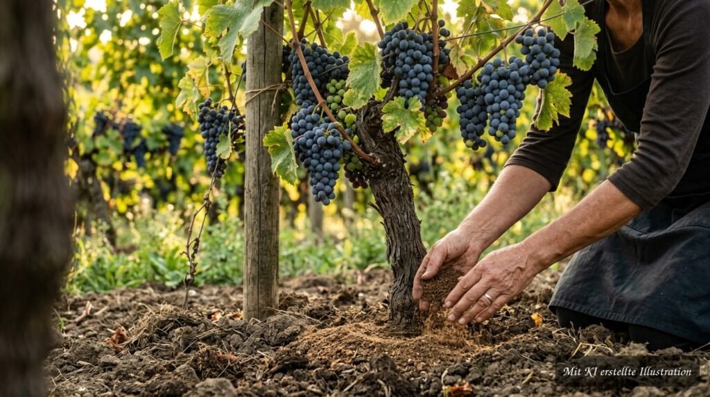 Weinreben im September werden gezielt mit passenden Nährstoffen gedüngt.