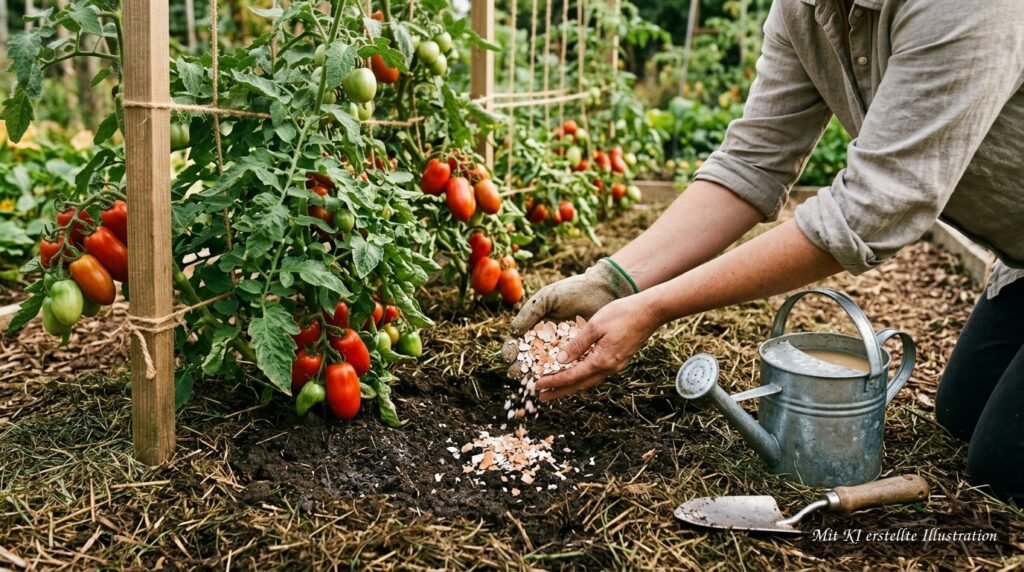 Zerstoßene Eierschalen als natürliche Calciumquelle für vitale Tomatenpflanzen im Garten