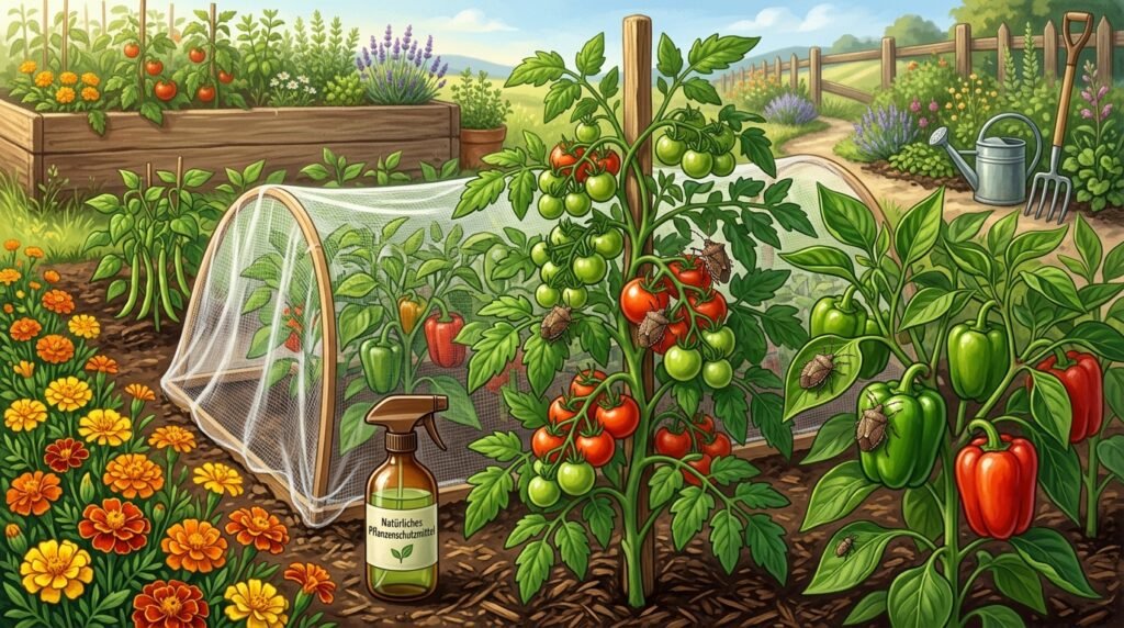 Stinkwanze sitzt auf einer reifen Tomate neben grünen Paprikaschoten im Garten