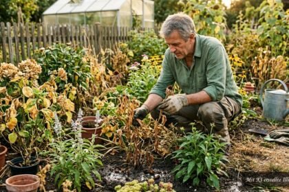 Gartenbesitzer kontrolliert nach der Hitzewelle vertrocknete Blätter und welke Triebe an Pflanzen