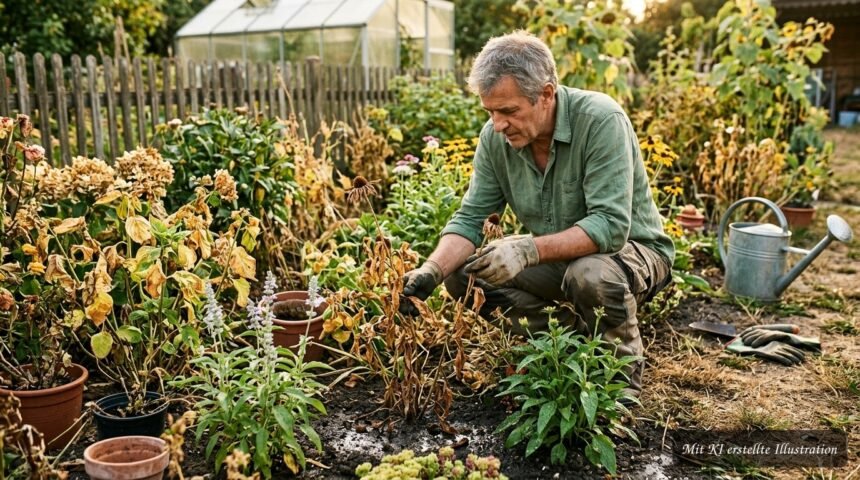 Gartenbesitzer kontrolliert nach der Hitzewelle vertrocknete Blätter und welke Triebe an Pflanzen