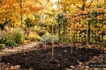 Junge Weinreben werden im Herbst an einem sonnigen Standort im Garten gepflanzt