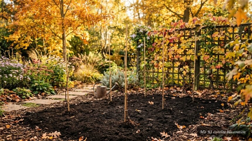 Junge Weinreben werden im Herbst an einem sonnigen Standort im Garten gepflanzt