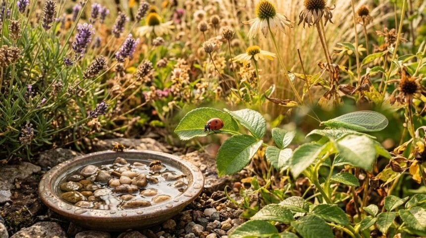 Marienkäfer und Florfliege suchen bei Trockenheit Schutz, Nahrung und Wasser im Garten