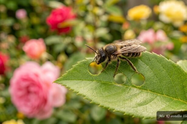 Runde Ausschnitte in Rosenblättern durch eine fleißige Blattschneiderbiene