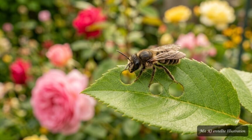 Perfekte Kreise in Rosenblättern? Nicht spritzen – hier war wahrscheinlich eine Blattschneiderbiene am Werk Runde Ausschnitte in Rosenblättern durch eine fleißige Blattschneiderbiene