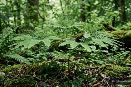 Pfauenradfarn mit fächerförmigen Wedeln auf dunklen, drahtigen Stielen im schattigen Garten
