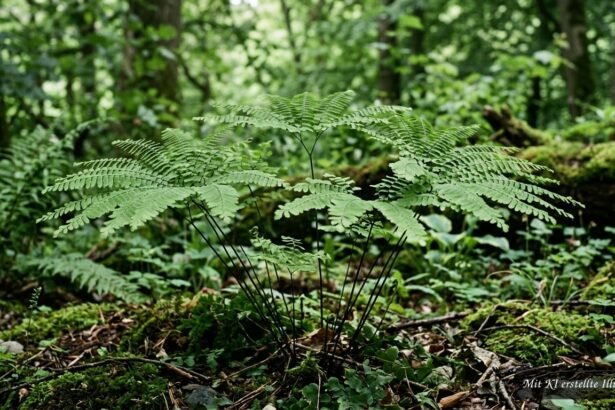 Pfauenradfarn mit fächerförmigen Wedeln auf dunklen, drahtigen Stielen im schattigen Garten