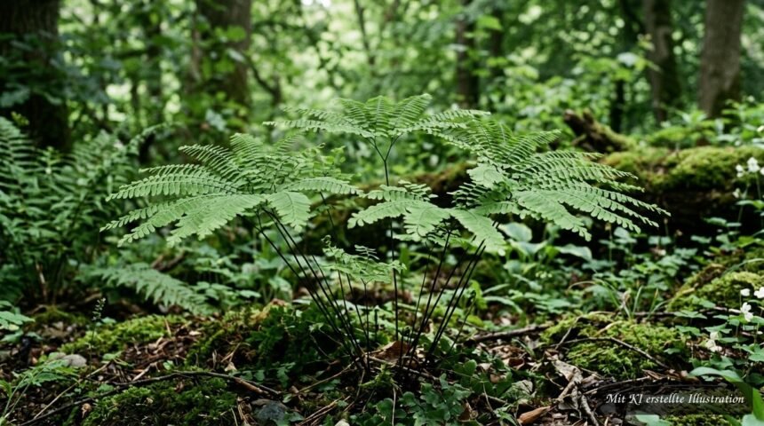 Pfauenradfarn mit fächerförmigen Wedeln auf dunklen, drahtigen Stielen im schattigen Garten