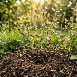 Geflügelte Ameisen schwärmen an einem schwülen Sommertag aus dem Gartenboden