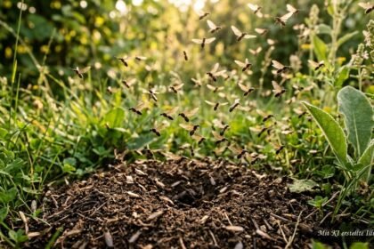 Geflügelte Ameisen schwärmen an einem schwülen Sommertag aus dem Gartenboden