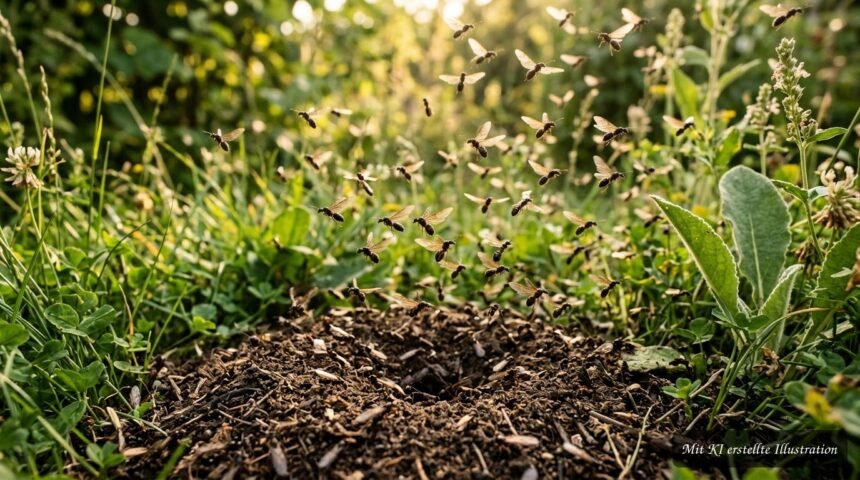 Geflügelte Ameisen schwärmen an einem schwülen Sommertag aus dem Gartenboden