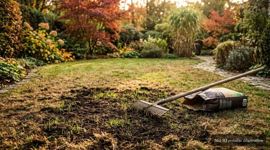 Herbstliche Rasenpflege zur Regeneration eines braunen, lückenhaften Rasens nach heißem Sommer