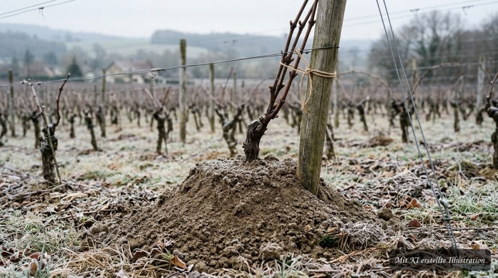 Weinreben winterfest machen – so schützt du junge Pflanzen vor Frost und Kälte Junge Weinrebe wird zum Schutz der Veredelungsstelle mit Erde angehäufelt.