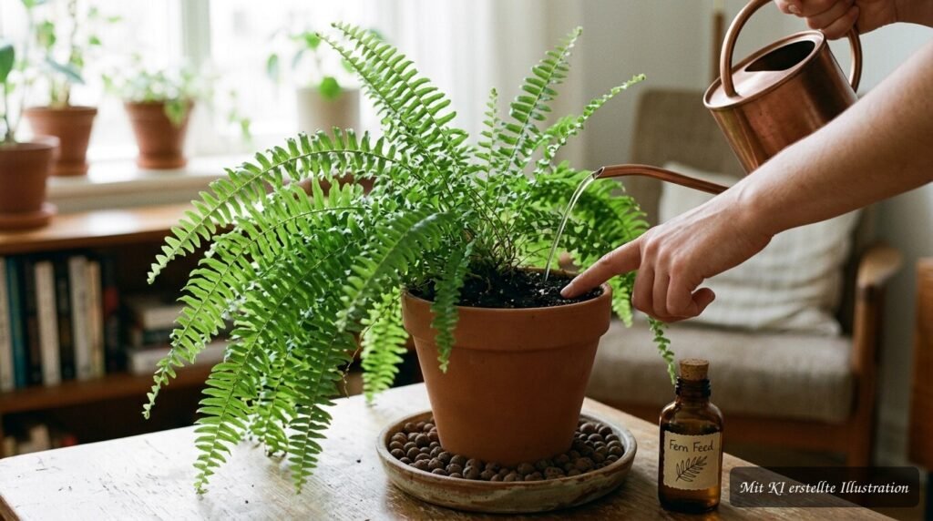 Schwertfarn (Nephrolepis exaltata) mit üppigen grünen Wedeln beim richtigen Gießen und Düngen