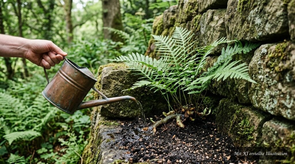 Tüpfelfarn (Polypodium vulgare) im Topf mit gleichmäßig feuchter Erde beim Gießen und Düngen