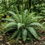 Rippenfarn Blechnum spicant mit ledrigen Wedeln im schattigen, feuchten Gartenbereich