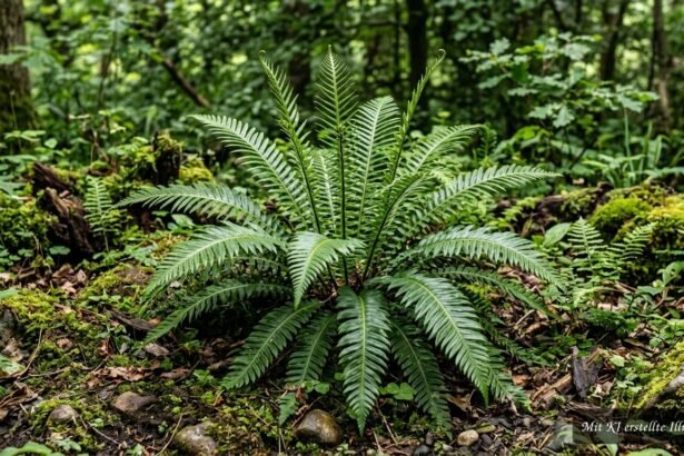 Rippenfarn Blechnum spicant mit ledrigen Wedeln im schattigen, feuchten Gartenbereich