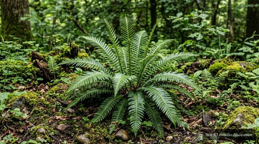 Rippenfarn Blechnum spicant mit ledrigen Wedeln im schattigen, feuchten Gartenbereich