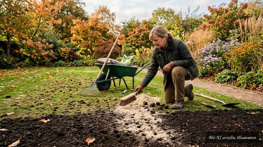 Gartenhandschuhe verteilen Sand und Kompost auf dem Rasenboden zur Verbesserung der Erde im Herbst.