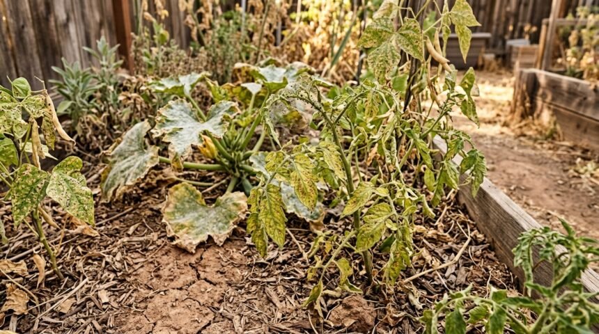 Verfärbte Blätter an Gemüsepflanzen weisen auf Schädlingsbefall im trockenen Garten hin