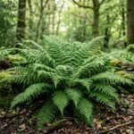 Immergrüner Schildfarn mit filigranen Wedeln im schattigen Gartenbeet