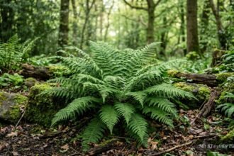 Immergrüner Schildfarn mit filigranen Wedeln im schattigen Gartenbeet