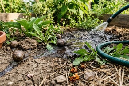 Schnecken versammeln sich nach dem Gießen im feuchten Gartenbeet