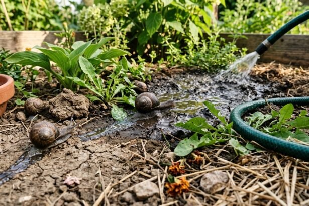 Schnecken versammeln sich nach dem Gießen im feuchten Gartenbeet