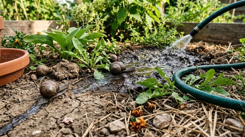 Schnecken versammeln sich nach dem Gießen im feuchten Gartenbeet