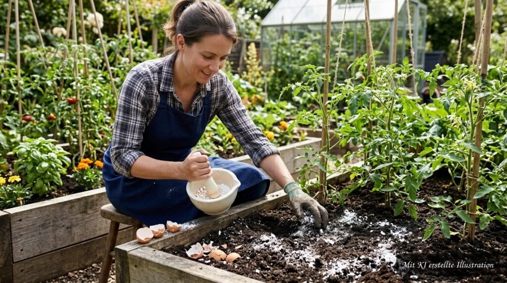 Zerstoßene und getrocknete Eierschalen werden als mögliche Calciumquelle für Tomaten vorbereitet.