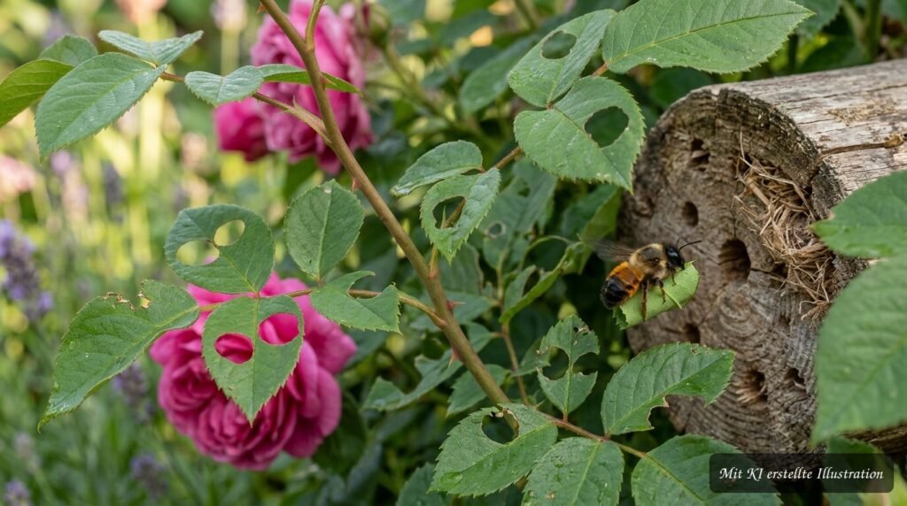 Perfekte Kreise in Rosenblättern? Nicht spritzen – hier war wahrscheinlich eine Blattschneiderbiene am Werk Runde Ausschnitte in Rosenblättern zeugen von der Arbeit einer nützlichen Blattschneiderbiene.